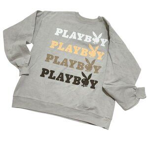 Playboy Women Size L Grey Stacked Logo Graphic Crewneck Sweatshirt NEW